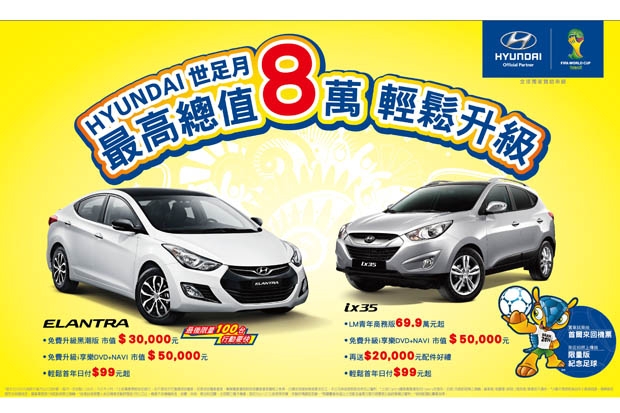 Hyundai 世足熱，送足球、機票，購車再享優惠，總價值最高達8萬元