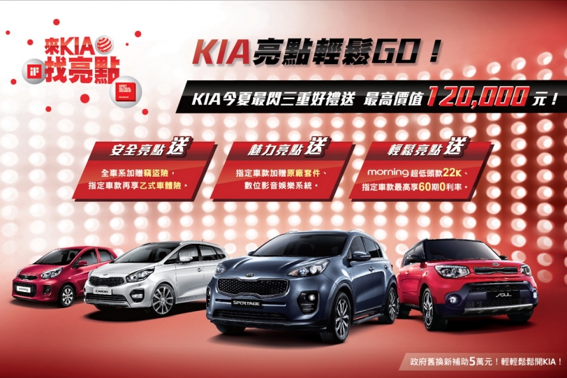KIA亮點輕鬆GO！今夏最閃好禮三重送 全車系竊盜險免費送