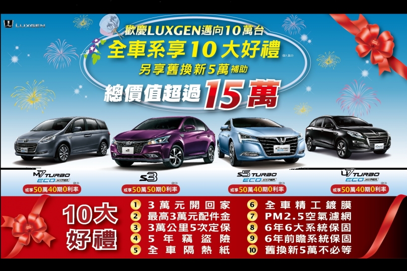 慶賀LUXGEN邁向十萬台銷售里程碑，十大感謝禮火熱延續！